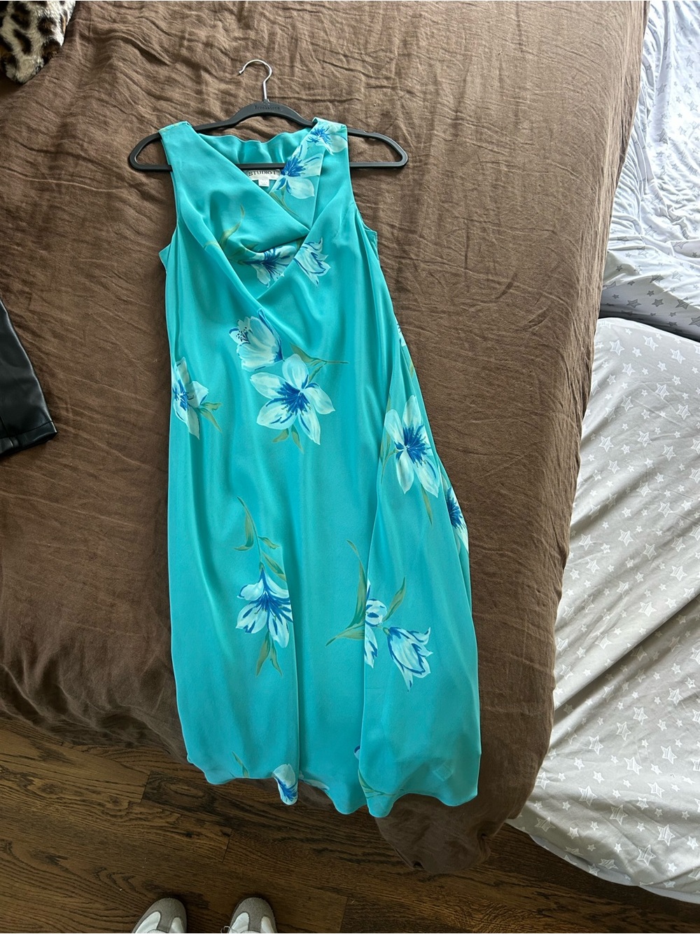 Vintage Cowl Neck Turquoise Floral Midi Dress